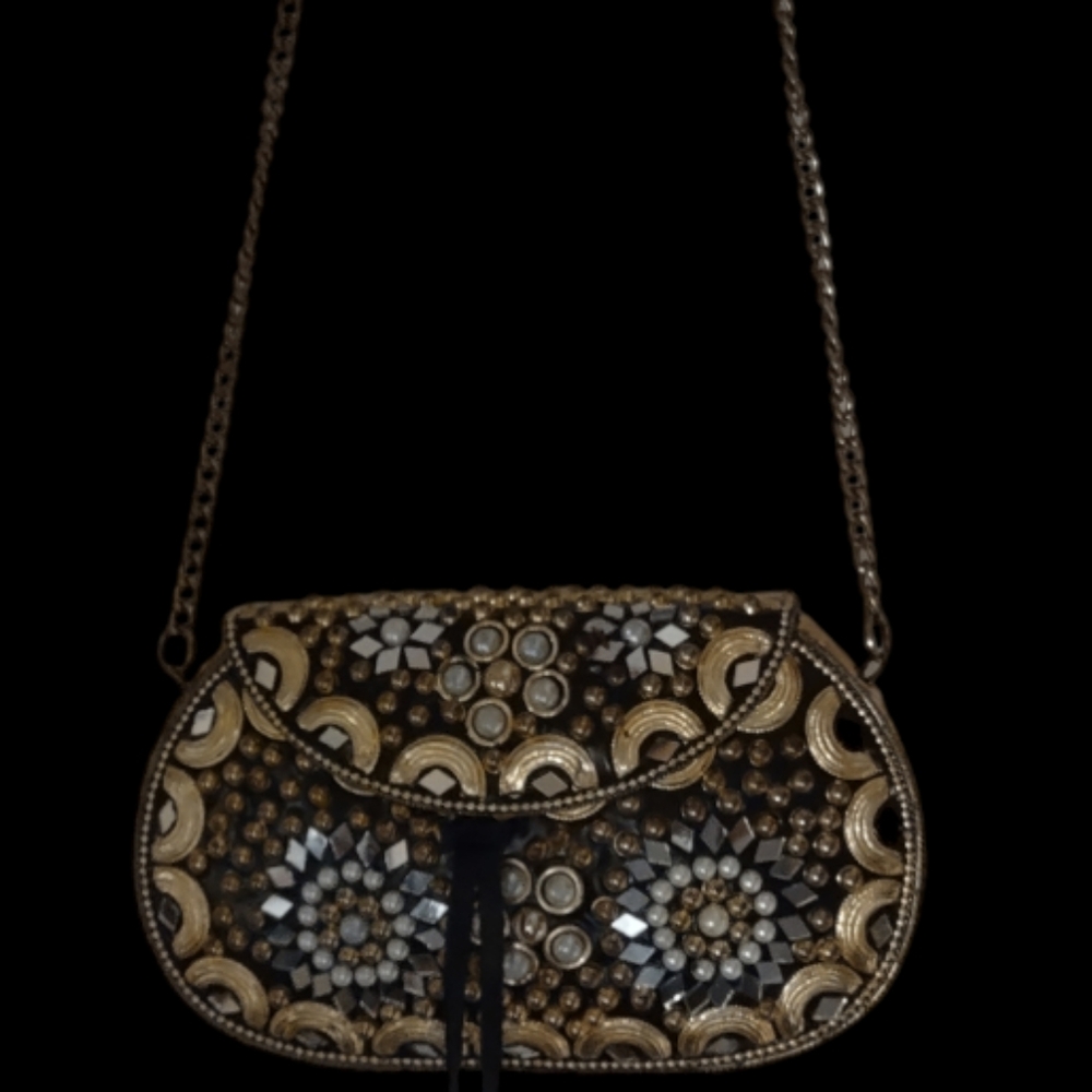 Mosaic Art Clutch Purse with chain Gold/Pearl
